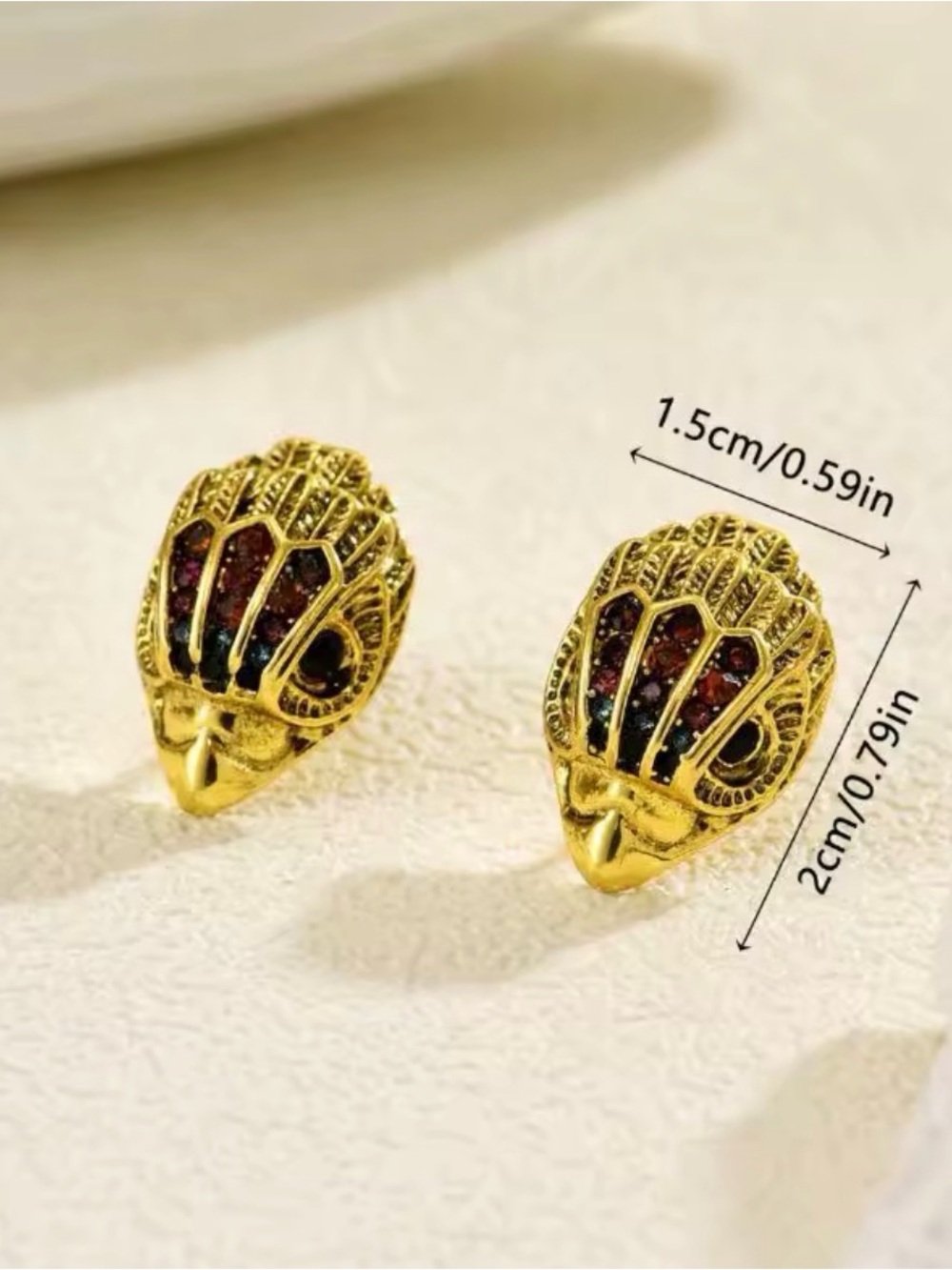 Gold Shell Stud Earrings with Multicolor Glitter - Picture 5 of 7